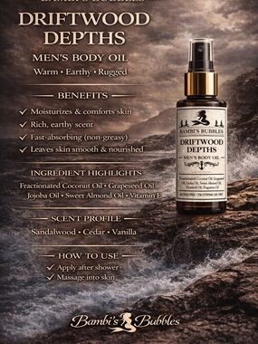 Driftwood Depths Hand Crafted Men's Body Oil 2oz- Warm Earthy Scent